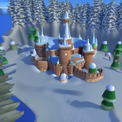 Prompt: 3D Mario 64 castle aerial view in the winter, 4k