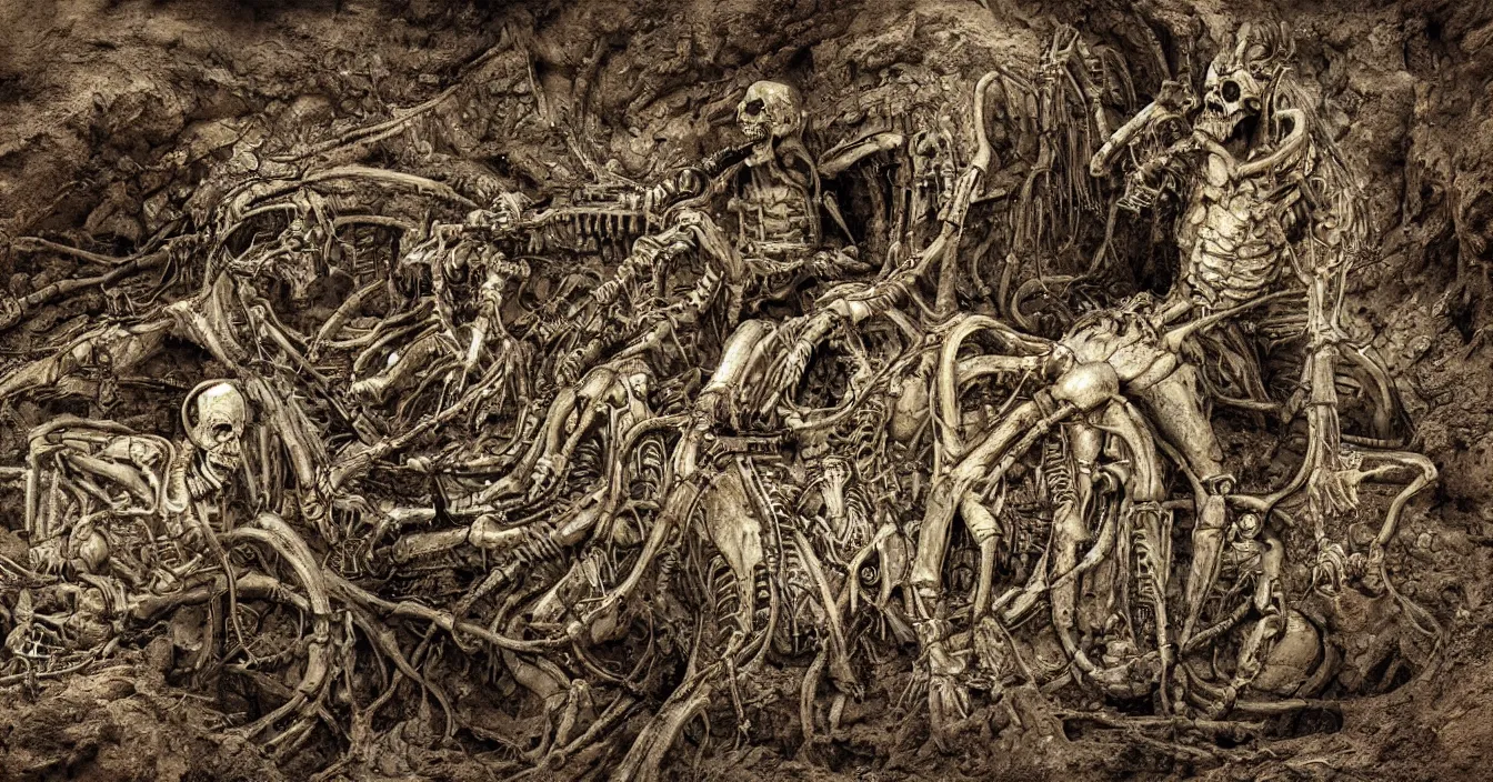 Image similar to futuristic archaeologist excavating buried huge alien skeleton hidden in deep dark mud, deep sense of horror atmosphere, visual fidelity and plasticity, deep depth, defocus, digital art, in style of franklin booth