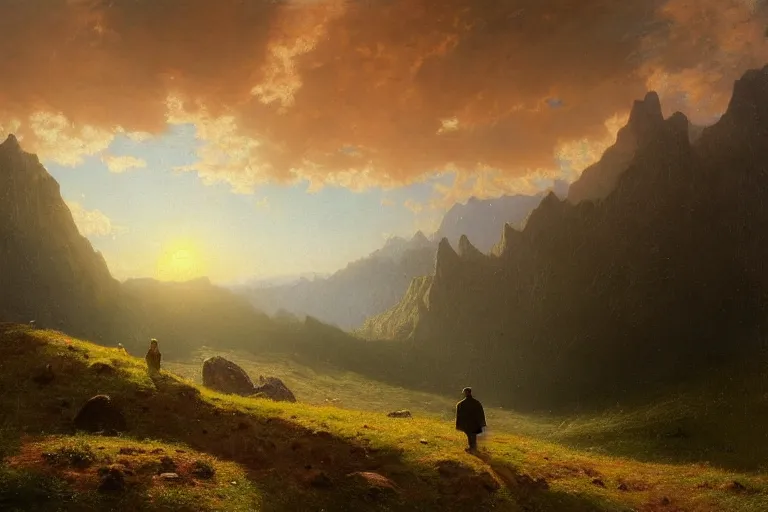 Image similar to a traveler wandering trough the mountains looking at the clouds, hyperdetailed, focused, oil painting, cinematic lighting, albert bierstadt, trending on artstation, colorful, canvas, sunset, hans dahl, theodor kittelsen, hermann hendrich, national geographic, Konstantin Yakovlevich Kryzhitsky, beautiful nature