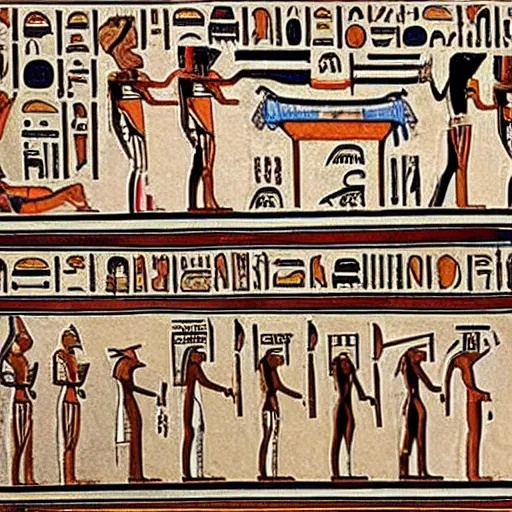 Prompt: detailed ancient egypt wall drawing of the assembly of a delorian car