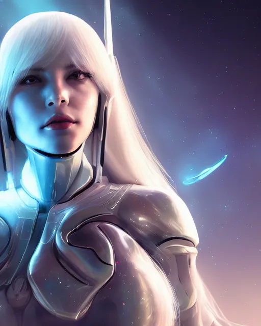 Image similar to perfect android girl on a mothership, warframe armor, beautiful face, scifi, futuristic, galaxy, nebula, raytracing, dreamy, long white hair, blue cyborg eyes, sharp focus, cinematic lighting, highly detailed, artstation, divine, by gauthier leblanc, kazuya takahashi, huifeng huang