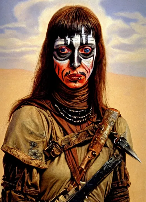 Prompt: portrait of a young 1 9 8 0 s shelley duvall as a threatening evil warlord character with facepaint in mad max 2 : the road warrior, film still, detailed realism face in painting, detailed beautiful portrait, oil painting masterpiece, 8 k resolution, smooth, sharp focus, trending on artstation, by rembrandt