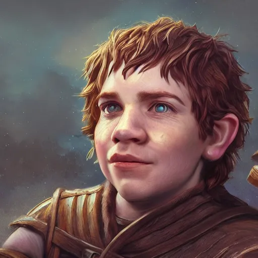 Image similar to realistic portrait of a halfling male, happy, bard, short hair, lute, intricate details, cinematic, photo, fantasy, medieval, trending on artstation, in the style of wizards of the coast