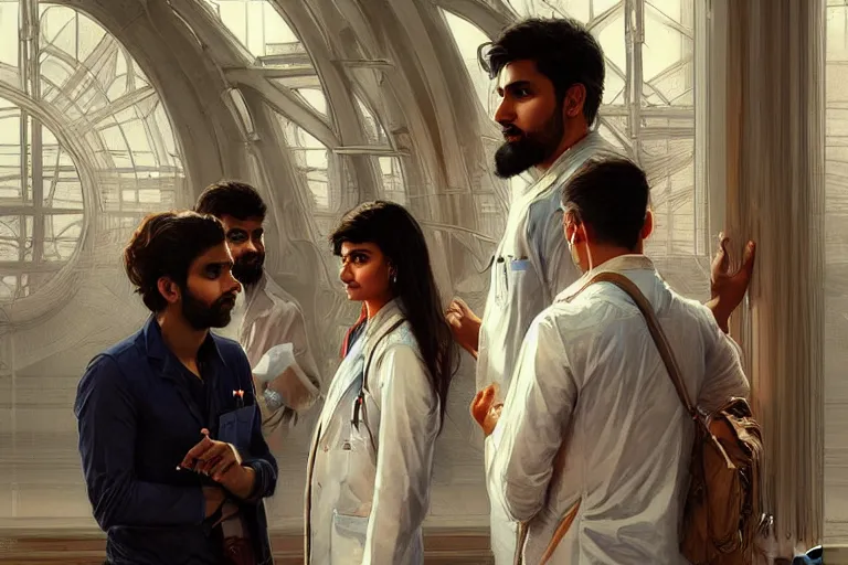 Image similar to Anxious good looking pale young Indian doctors wearing American clothes chatting at the airport, portrait, elegant, intricate, digital painting, artstation, concept art, smooth, sharp focus, illustration, art by artgerm and greg rutkowski and alphonse mucha