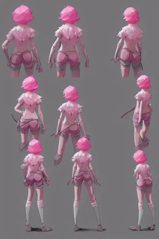 Image similar to character sheet for a pink haired female for hamcus impact by craig mullins, by studio ghibli, digital art, trending on artstation, hd, 8 k, highly detailed, good lighting, beautiful, masterpiece