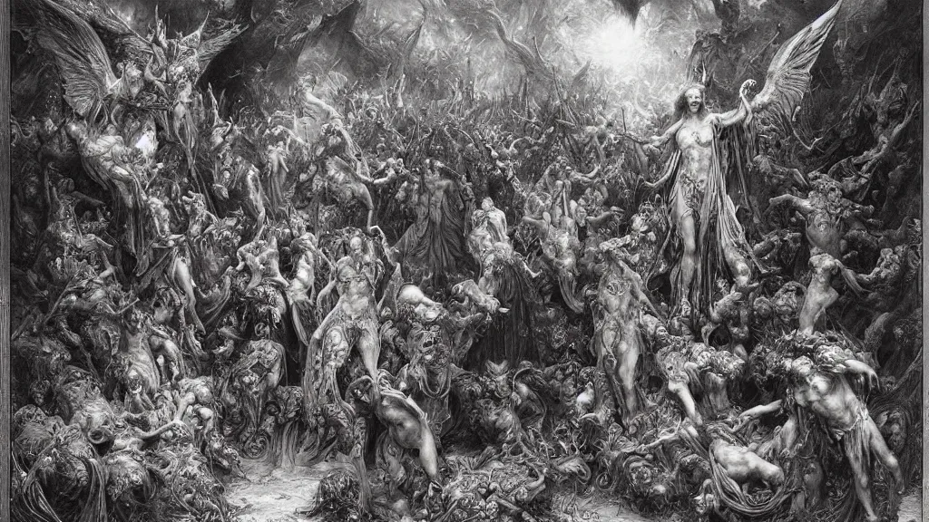 Image similar to satans fall from paradise into hell by gustave dore, james ryman, wayne barlowe, alphone mucha. beautiful color