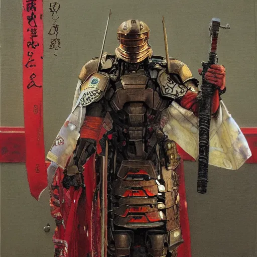 Prompt: the doomslayer wearing a kimono, portrait art by norman rockwell and donato giancola and greg rutkowski,