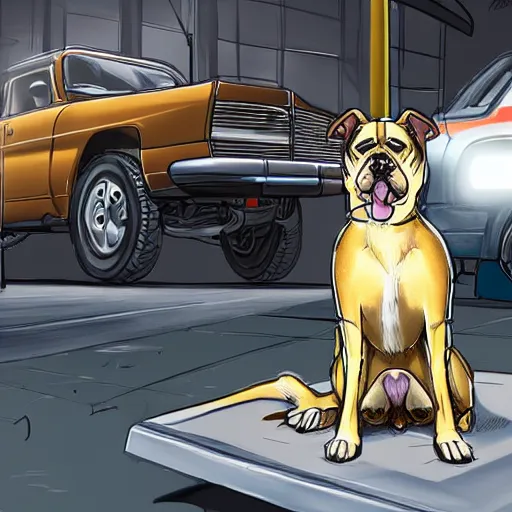 Prompt: photorealistic of a dog working as a mechanic, dynamic lighting, highly detailed