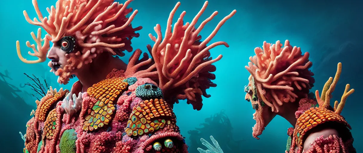 Image similar to hyperrealist highly detailed english medieval portrait of high fashion monster wearing reef armor, radiating atomic neon corals, concept art pascal blanche dramatic studio lighting 8k wide angle shallow depth of field