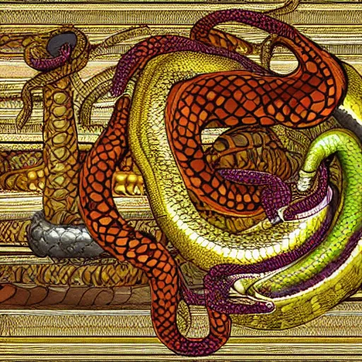 Prompt: a serpent guarding its treasures, digital art