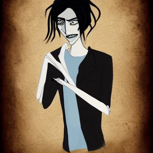 Prompt: young man portrait, black hair, skinny, sleep deprived, corpse bride art style