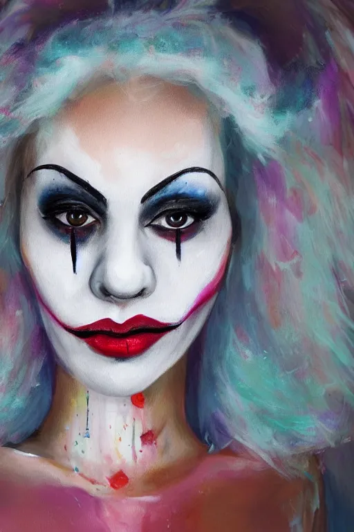 Prompt: detailed painting of a pale clown girl with messy make up