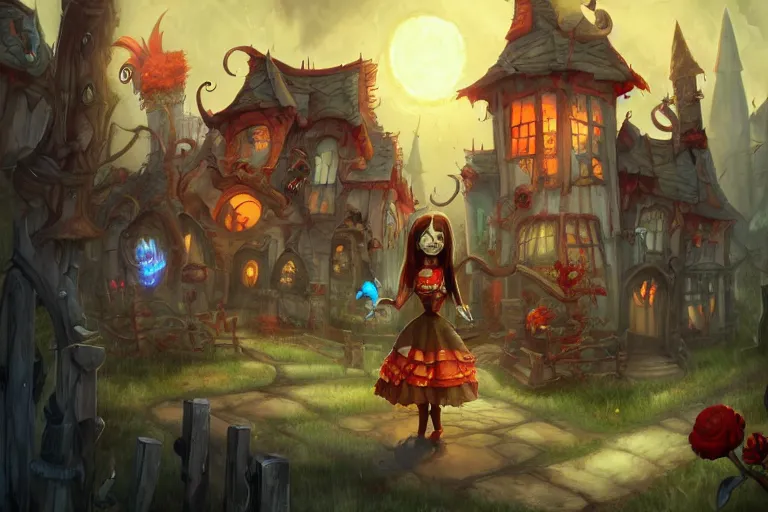 Prompt: scary village, american mcgee's alice, sharp focus, artstation, trending, by julie dillon, luis melo, tyler miles lockett, lei jin, hong lei, ken wong, adam narozanski, joy ang