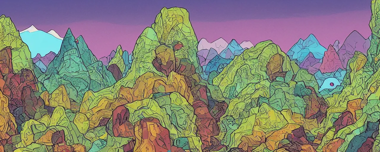 Image similar to An alien landscape with mountains made of gems, and strangely shaped trees and plants, bold complementary colours, 2D matte, graphic novel, graphic novel,