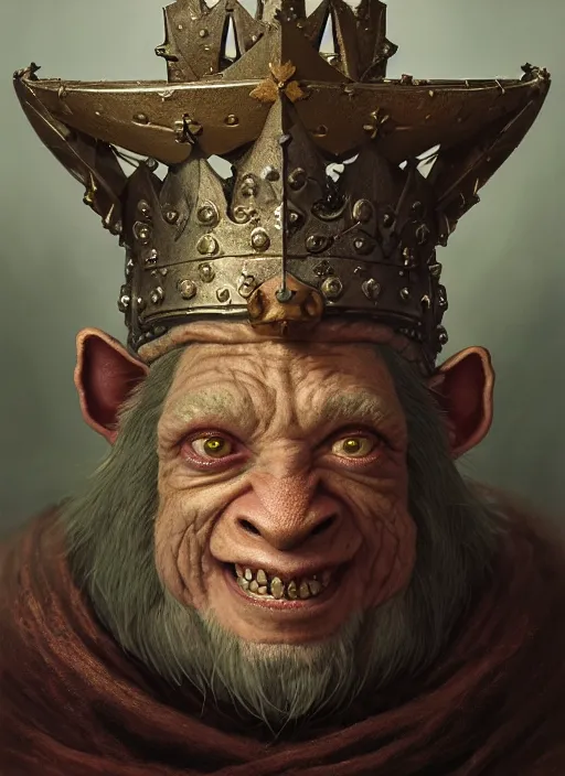 Prompt: highly detailed closeup portrait of a medieval goblin wearing a crown, stephen bliss, unreal engine, greg rutkowski, ilya kuvshinov, ross draws, hyung tae and frank frazetta, tom bagshaw, tom whalen, nicoletta ceccoli, mark ryden, earl norem, global illumination, god rays, detailed and intricate environment