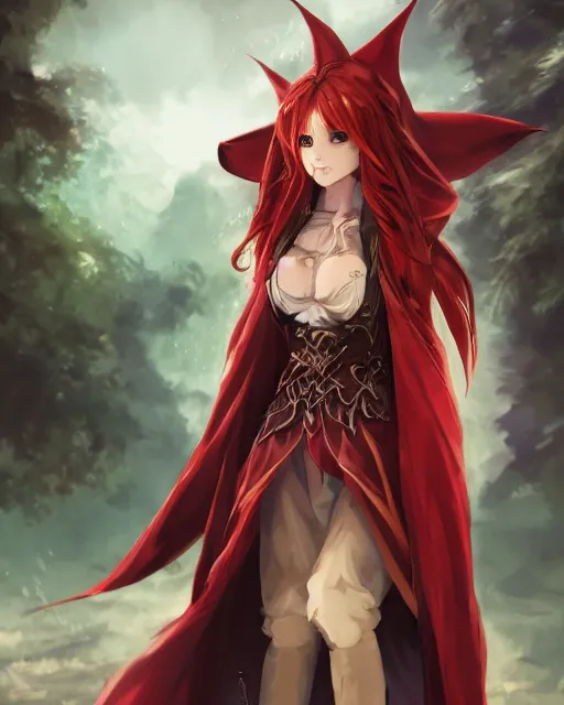 Prompt: a very beautiful anime sorceress, full body, long red hair, full round face, short smile, cloak with hood, fantasy town setting, cinematic lighting, medium shot, mid-shot, highly detailed, trending on Artstation, Unreal Engine 4k, cinematic wallpaper by Stanley Artgerm Lau, WLOP, Rossdraws, James Jean, Andrei Riabovitchev, Marc Simonetti, and Sakimichan