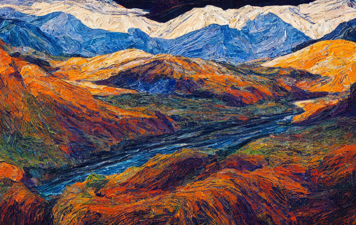 Prompt: Realist colorful impasto painting of the Salmon River mountain valley at midnight by John Harris, stars in the inky black sky reflect on the darkest blue river surface, 4k scan, sagebrush, HDR, Kodak Portra 400, film grain, oil on canvas, visible brushstrokes