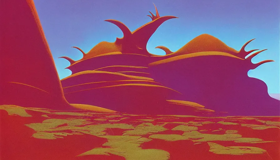 Prompt: psychedelic surreal alien landscape, by roger dean, by dean ellis, detailed high resolution, atmospheric environment, oil on canvas