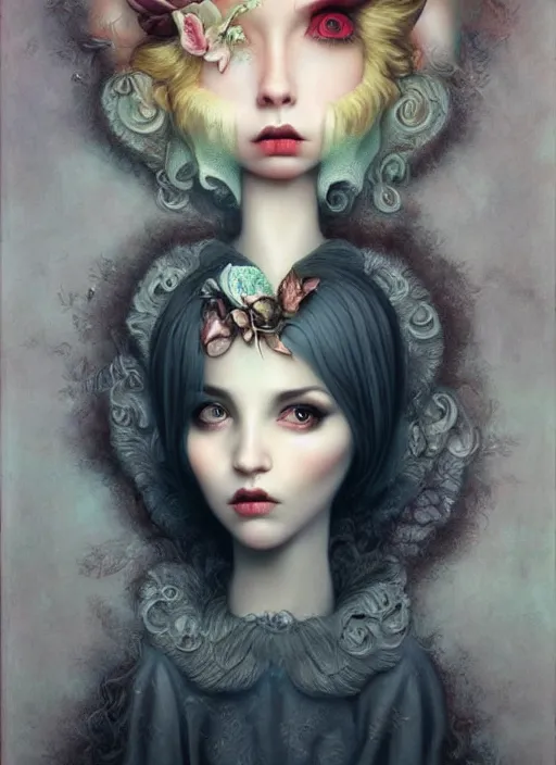 Prompt: pop surrealism, lowbrow art, realistic cute seductive female painting, romantic gown, hyper realism, muted colours, rococo, serafleur, natalie shau tom bagshaw, mark ryden, trevor brown style,