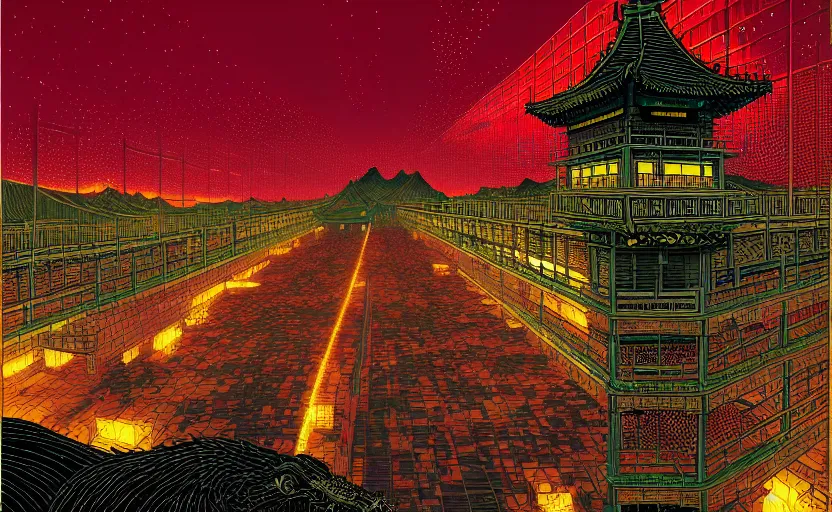 Image similar to artwork of a chinese prison by dan mumford and toshi yoshida and peter doig, vintage scifi, highly detailed, dramatic lighting, 8 k