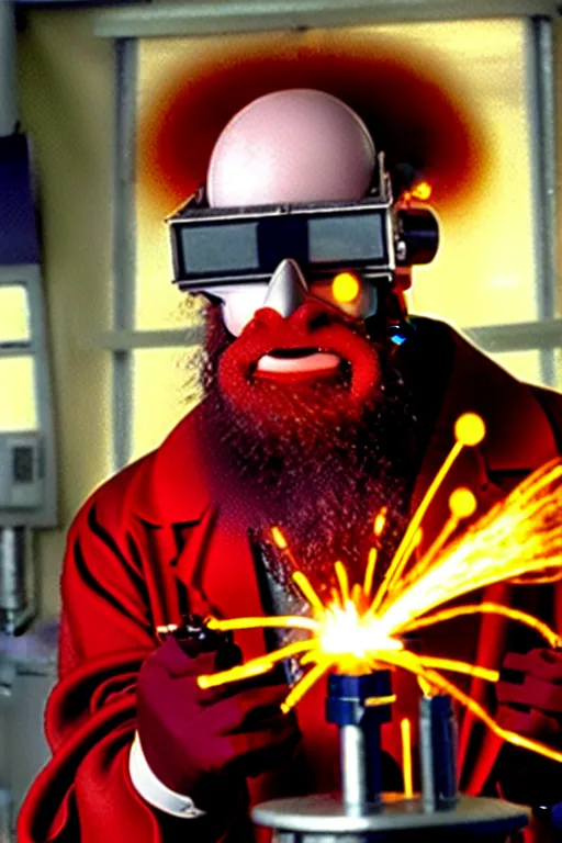 Image similar to an awkwardly tall scientist with 3 eyes and a tangled beard and unruly red hair atop his balding head wearing a labcoat and welding goggles and holding a beaker, high resolution film still, movie by Ivan Reitman