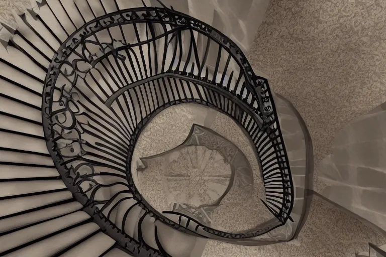 Image similar to wrought iron staircase, mc escher style, organic, art nouveau, 3d render