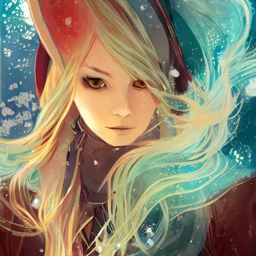 Prompt: highly detailed portrait of a pretty black mage lady with wavy blonde hair, by Dustin Nguyen, Akihiko Yoshida, Greg Tocchini, Greg Rutkowski, Cliff Chiang, 4k resolution, final fantasy inspired, vibrant but dreary northern lights technicolor color scheme!!! ((Ice and snow covered background))