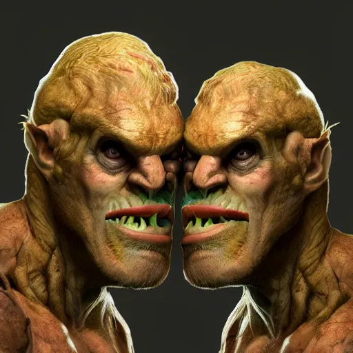 Image similar to two heads giant ettin from dnd in a dark forest, two heads, double heads, digital art, high quality render, artstation, 8 k, photograph quality, ultrahd