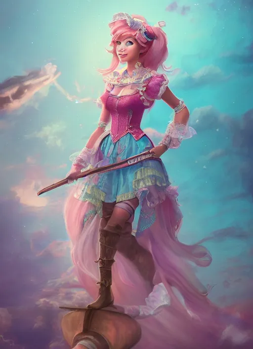 Image similar to detailed full body concept colorful pastel painting of a Disney pirate princess in intricate clothing, cinematic lighting, hyperdetailed, 8k, high resolution, insanely detailed and intricate, octane render, vfx, postprocessing, freckles, alluring