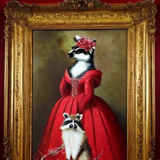 Image similar to a majestic oil painting of a raccoon queen wearing red french royal gown. the painting is hanging on an ornate wall decorated with wallpaper.