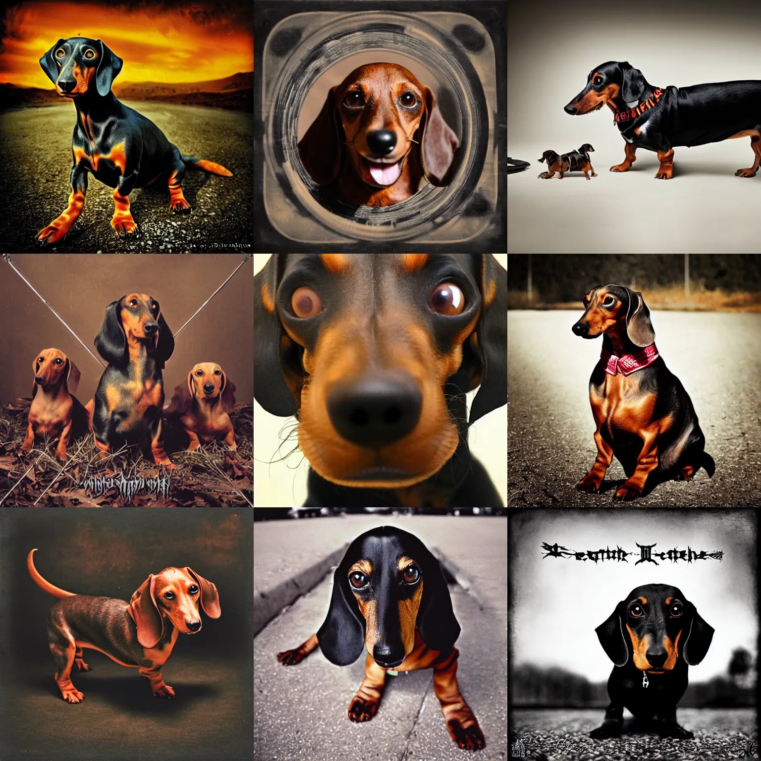 Prompt: dachshund death metal album cover, photo