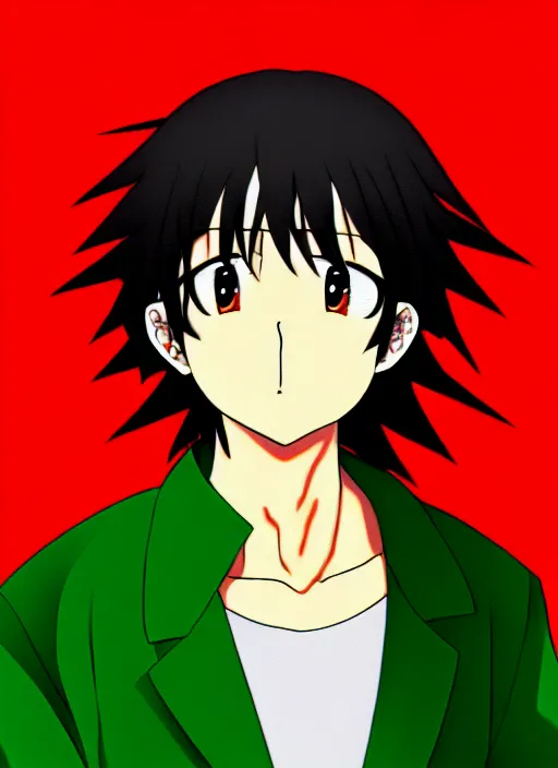 Image similar to anime portrait seu ramon seu madruga, el chavo, dark hair, red eyes, wearing green jacket,