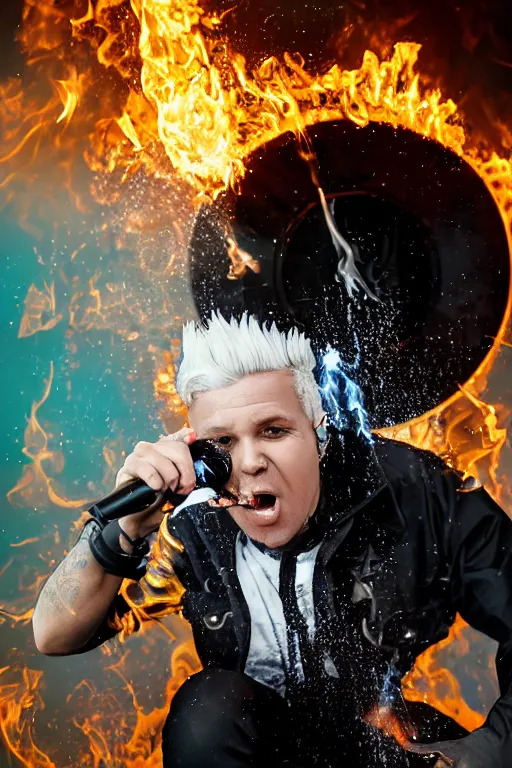 Image similar to scooter rapper baxxter with white hair standing in water shouting in the microphone with explosion and flames in background, full body, white shirt, black pants, reflection in water, volumetric lighting, golden ratio