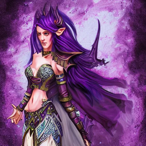 Prompt: high quality Dungeons and Dragons fantasy painting of a half-elf sorceress, she has purple hair, 35 years old, magical chaotic lights dance around her, dark and ominous background