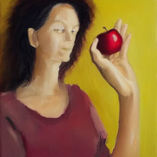 Image similar to a human posing while holding an apple, oil on canvas