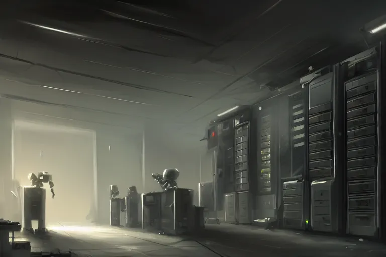 Image similar to gloomy ruined server room in datacenter painting concept art of half - body robot, sharp focus, smoke, artillery, pacing, computers, racks, motherboard, by pascal blanche rutkowski artstation detailed matte painting, 4 k resolution