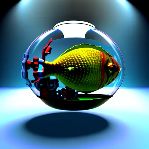 Image similar to a fish bowl mecha with arms, we can also see a fish inside of it, photorealistic 3 d render, unreal engine