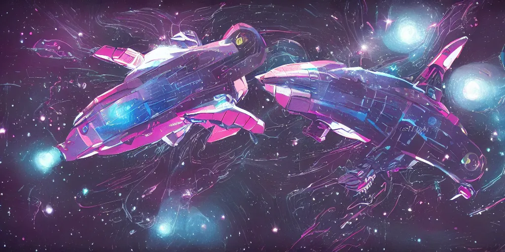 Image similar to Tardigrade shaped space ship in space, Hyper detailed, Anime, Gurren Lagan, Neon, Grey, Space, Nebula, Galaxy, 4k, Illustration