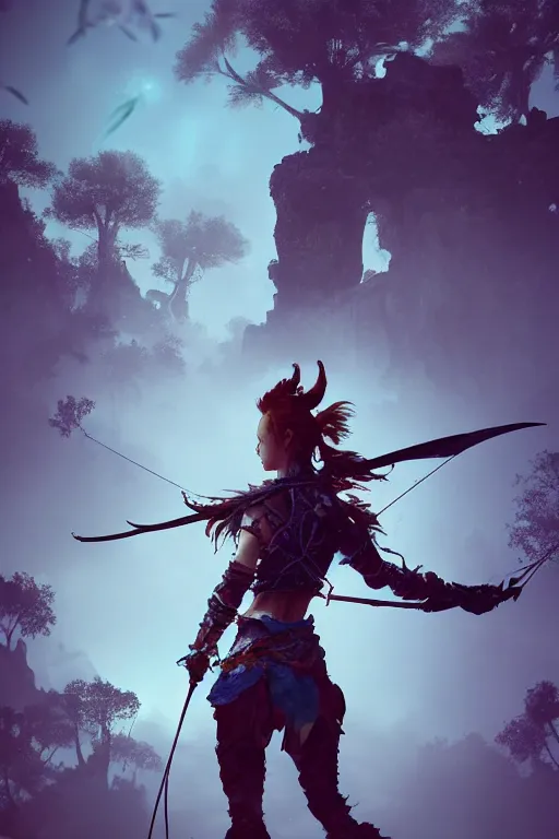 Image similar to !dream Aloy from Horizon Zero Dawn silhoutte, female archer, atmospheric environment, Character Design, demonic presence, Holy Heavenly Host Divine Angelic Army. Beeple, grimshaw, thomas cole, ismail inceoglu, winslow homer, greg rutkowski, gerald brom, marc simonetti, simon stalenhag, anton fadeev, donglu yu