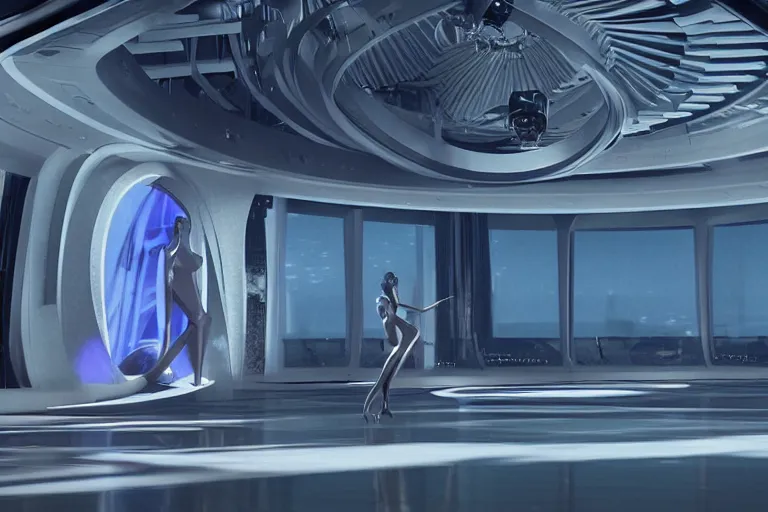 Image similar to vfx movie scene closeup portrait of beautiful blue skin skimpy alien woman dancing in sleek futuristic decadent spaceship pillars, futuristic ballroom. giant windows view of earth obit. by emmanuel lubezki