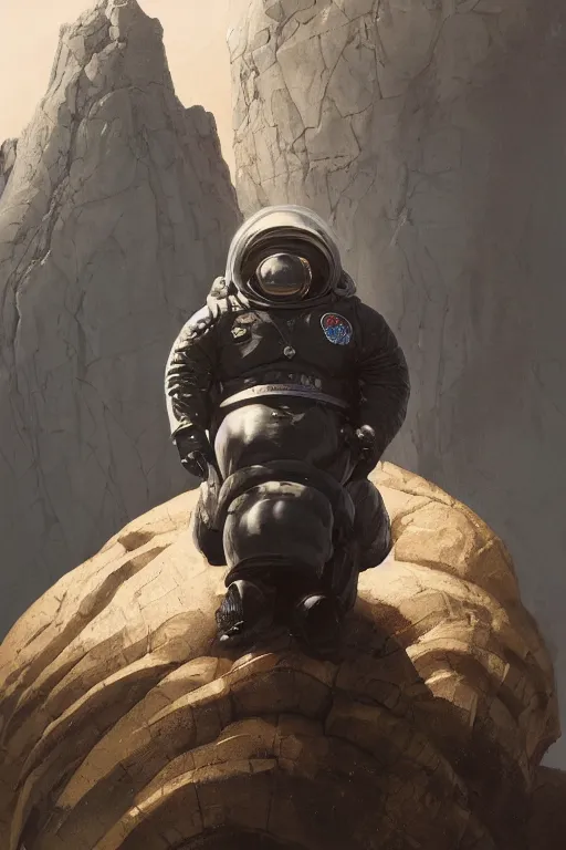 Image similar to portrait of a black man as baron harkonnen wearing leather spacesuit, standing on rocky outcrop, detailed, illustration by normal rockwell, artstation character art, adebanji alade, concept art, greg rutkowski