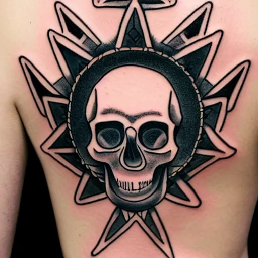 Image similar to tattoo design, stencil, tattoo stencil, traditional, a world famous tattoo of a geometric skull with a galaxy coming out of the top of its head-s 100