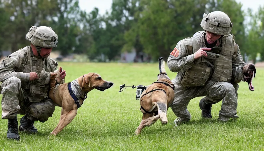 Image similar to a soldier sends a dog to attack a cyborg