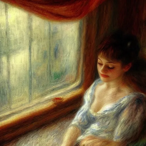 Image similar to on a rainy day, someone in home sits in bed, curled up under the covers, watching the rain outside the window, cinematic, artstation, extremely detailed, intricate, cinematic lighting, art by pierre - auguste renoir, arie johannes lamme, greg rutkowski