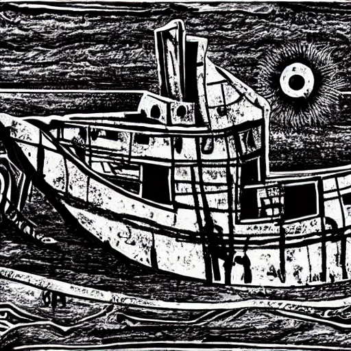 Image similar to a rusty abandoned ship on the aral sea desert, in the style of daniel johnston and outsider art, 8 k, line brush, muted, overlaid with cyrillic words, baselitz, german expressionist woodcut