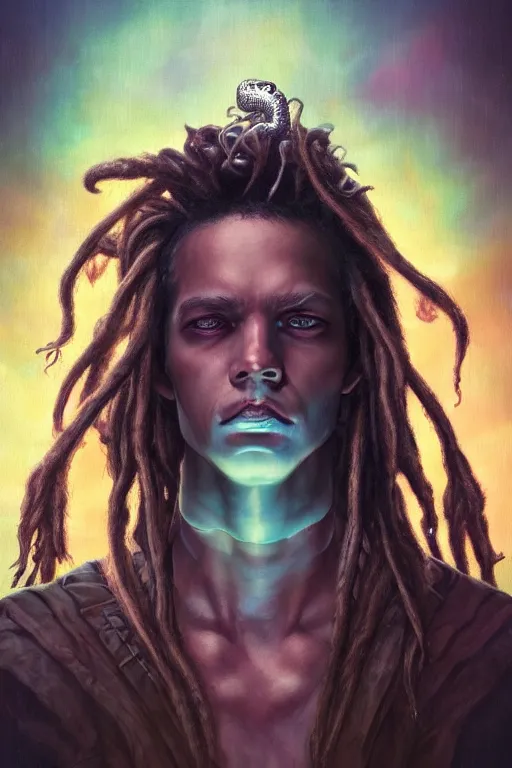 Prompt: portrait of an alien king with dreads snake hair, straight on portrait, by artgerm, tom bagshaw, gerald brom, vaporwave colors, lo fi colors, vaporwave, lo fi, 2 point studio lighting, dramatic lighting, 4 k, hd,