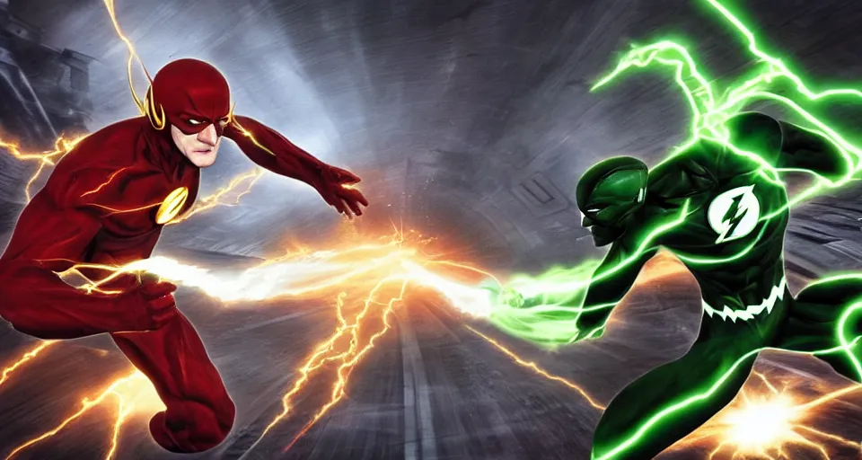 Prompt: The Flash Battles The Green Lantern, Designed By Moebius Yasushi Nirasawa and HR Giger, full body action pose, hyperrealistic, octane render, HDR, volumetric lighting,