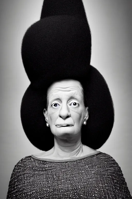 Image similar to studio portrait of woman that looks excactly like marge simpson, lookalike, as if marge simpson came to life, soft light, black background, fine details, close - up, award winning photo by martin schoeller