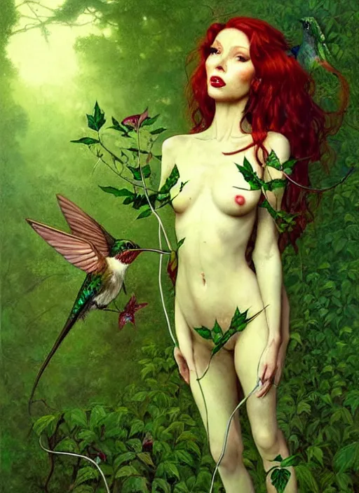 Prompt: a hyper realistic painting of poison ivy with playing with a hummingbird in the woods gorgeous lighting, k _ lms lush forest foliage painting by chiara bautista and beksinski and norman rockwell and greg rutkowski weta studio, and lucasfilm