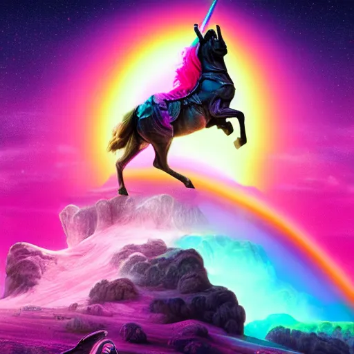 Image similar to beautiful matte painting, rainbow colored pink pink darth vader wearing pink wearing pink, riding a unicorn, riding a unicorn, riding a one-horned unicorn over a glittering rainbow, in psychedelic space, by lisa frank and dan mumford, octane render, HDR, vivid color, volumetric lighting, unreal engine, concept art, CGsociety, trending on artstation